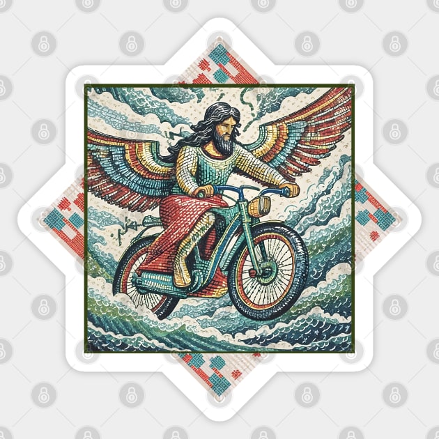 Jesus Christ on a Bike Sticker by Midcenturydave